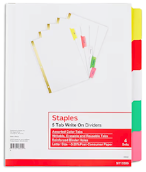 DIVIDERS, WRITE-ON, 5-TAB, ASSORTED COLORS, 4/CT LARGE